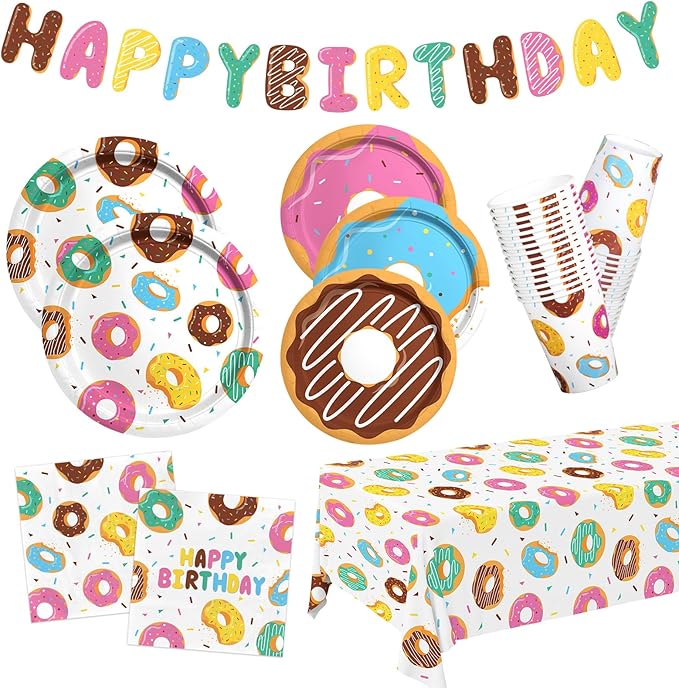 Donut Party Supplies Kit for 24 - Sweet 1st Birthday, Two Sweet and Donut Grow Up Birthday Themes | Includes Plates, Napkins, Cups, Tablecloth & Banner for Donut Party Decorations & Favors