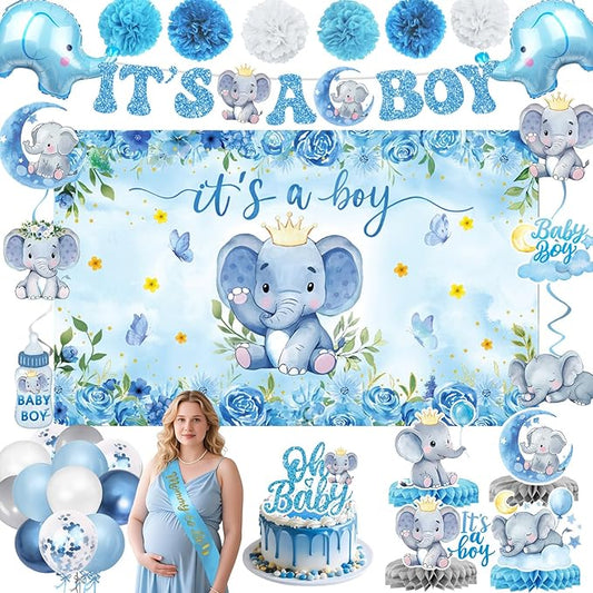 Elephant Baby Shower Decorations Banner, It's a Boy Backdrop, Foil & Latex Balloons, Mommy to Be Sash, Cake & Cupcake Toppers, Honeycomb Centerpieces, Hanging Swirls for Boy Baby Shower Decorations