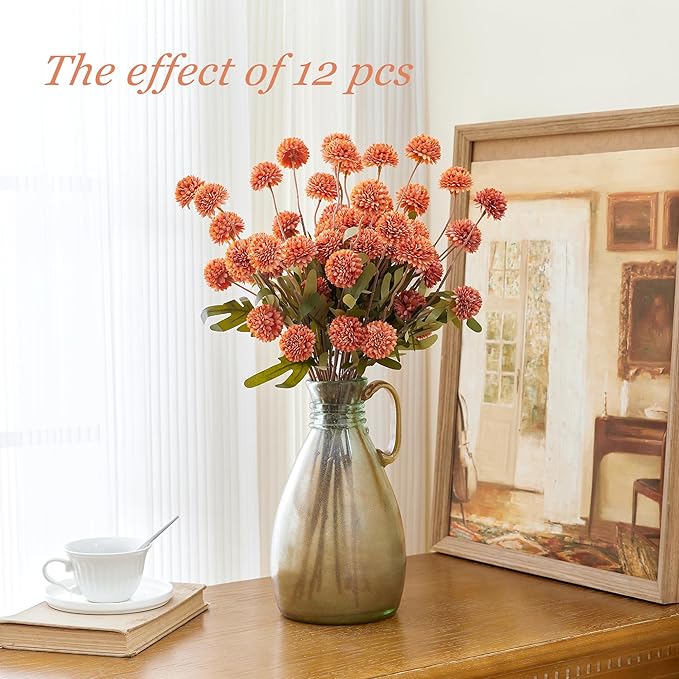 SITUMEIZI Orange Pompon Mum Artificial Flowers Faux Silk Mums Mini Chrysanthemum with Stems 6Pcs for DIY Orange Wedding Centerpieces Floral Arrangements