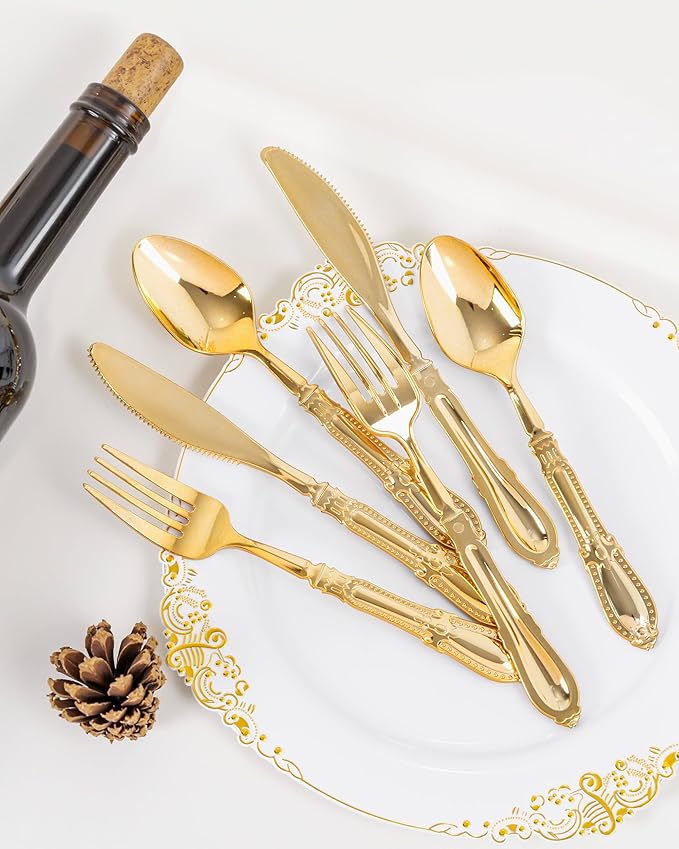 Nervure 90PCS Gold Plastic Silverware - Heavy Duty Disposable Cutlery Set, Luxury Gold Plastic Utensils include 30Pcs Forks, 30Pcs Spoons, 30pcs Knives. Perfect for Wedding,Party,Daily Use