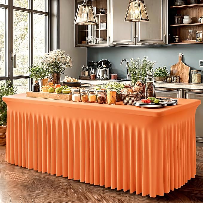 1 Pack Orange Table Clothes for 6 Foot Rectangle Tables, One-Piece Wrinkle Resistant Stretch Spandex Table Covers with Skirt for Event Banquet Wedding Birthday Party