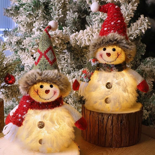 Juegoal 2 Pack Christmas Table Decorations, 10 Inch Lighted Plush Snowmen Figurines, Light Up Snowman Holiday Present, Battery Operated Xmas Gifts Tabletop Ornaments Dinner Party Supplies, Brown Brim