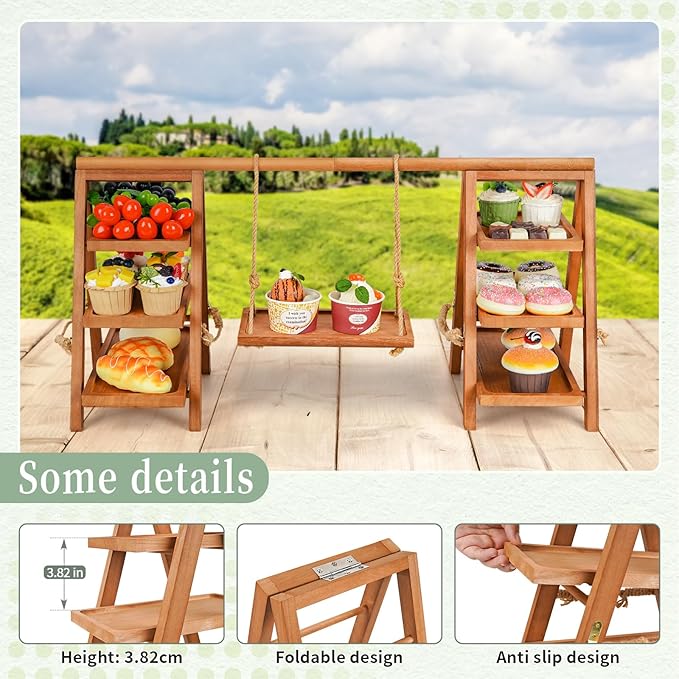 Cupcake Stand, 3 Tier Wood Cupcake Display Stand with Swing, Dessert Table Display Set with Serving Tray for Dessert Display for Party, Wedding, Farmhouse Decor (Brown)