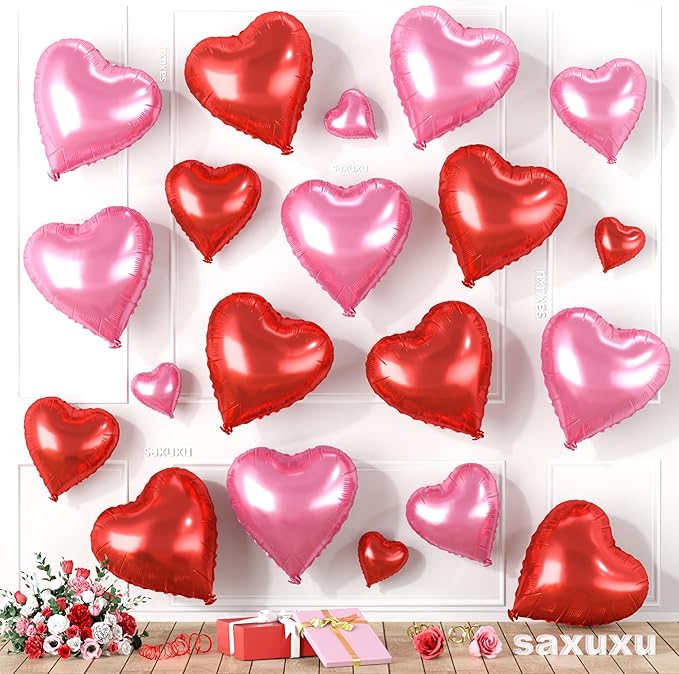 Red Pink Heart Balloons, Heart Shaped Ballons, 20 Pcs 5/10/18 inch Red Pink Foil Love Balloons for Valentine's Day Decorations Wedding Engagement Bridal Showers Anniversary Celebrations