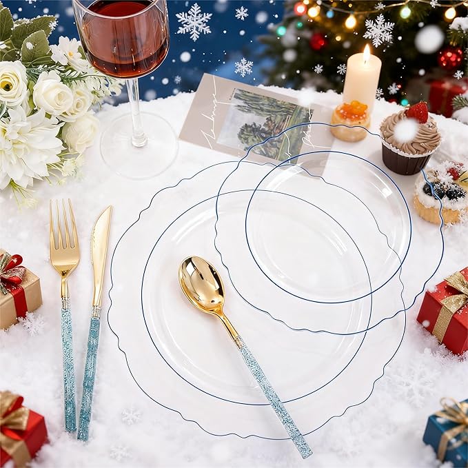 Liacere 150PCS Clear and Blue Plastic Plates-Clear and Blue Disposable Plates with Glitter Bamboo Handle Cutlery-60 Baroque Elegant Plates, 30 Forks, 30 Spoons, 30 Knives for Wedding＆Back to School