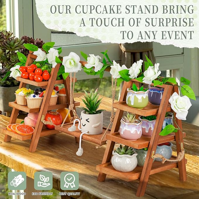 Cupcake Stand, 3 Tier Wood Cupcake Display Stand with Swing, Dessert Table Display Set with Serving Tray for Dessert Display for Party, Wedding, Farmhouse Decor (Brown+Flower)