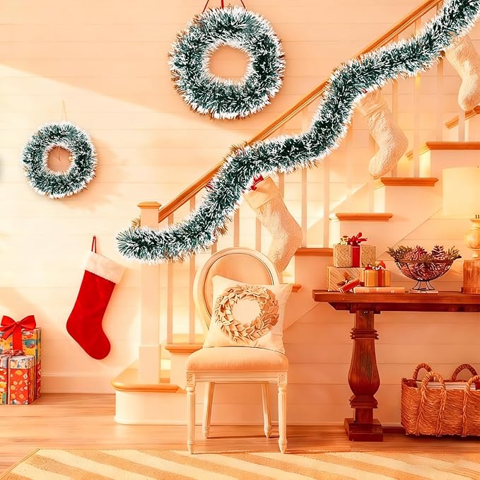 50Ft Christmas Tinsel Garland, Dark Green Snowflake Metallic Twist Garland for Xmas Tree Decorations, Tinsel for New Year Party Ceiling Hanging Decorations Indoor and Outdoor Decor