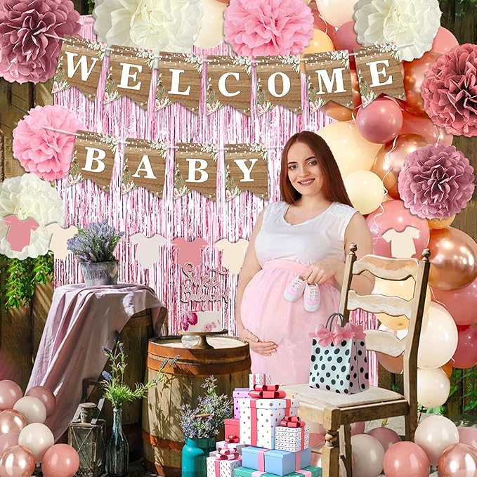 Dusty Pink Baby Shower Decoration, Girl Baby Shower Decor Set with Welcome Baby Banner,Tissue Pom Poms,Sweet Baby-girl Cake Topper,Retro Blush Rosegold Balloon,Boho Baby Gril Shower Party Supplies