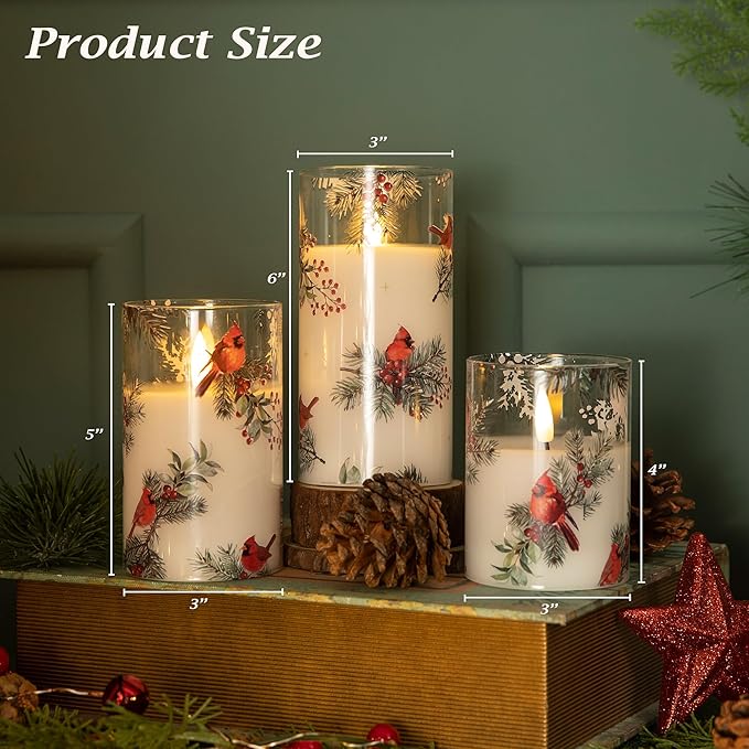 LUSHABOR Christmas Flameless Candles, 3 Pack Battery Operated Candles for Christmas Mantel Decor, Glass LED Flickering Candles Home Xmas Party Holiday D3 H4 5" 6", Bird