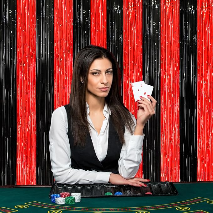 2 Pack Red and Black Tinsel Foil Fringe Curtains, Red and Black Party Decorations, Metallic Tinsel Party Streamers Backdrop for Halloween Birthday Red Carpet New Years Party Decorations