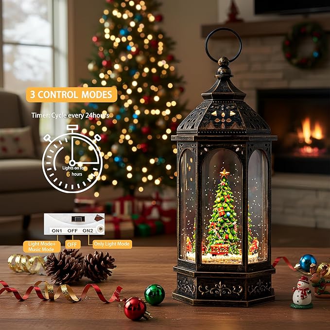 12.8'' Christmas Snow Globe, Santa Train Will Rotate Around The Christmas Tree with Musics Swirling Glitter Water Lantern Decoration for Home, Battery Operated or USB Powered