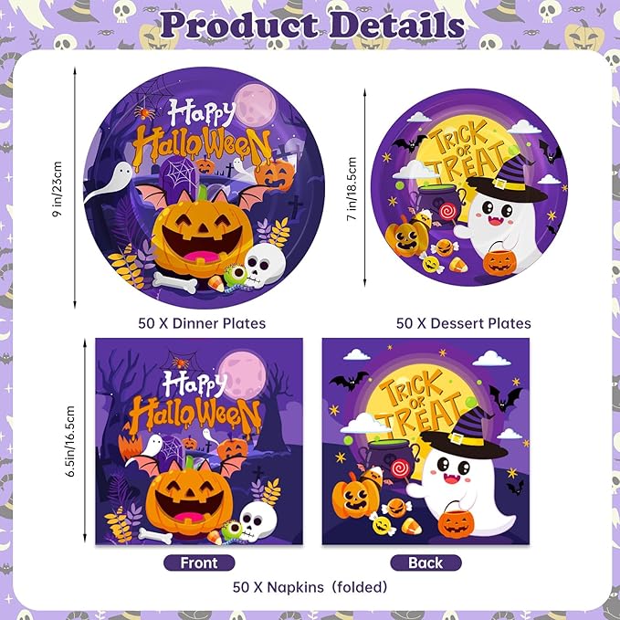 150 Pcs Halloween Plates and Napkins Sets - Cute Happy Halloween Party Supplies Tableware, Halloweens Disposable Paper Plates Napkins Set for Halloweens Birthday Party Decorations Favors, Serve 50