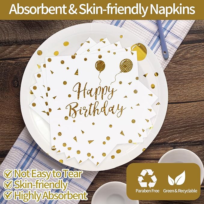 90PCS Happy Birthday Plates and Napkins Party Supplies, Disposable White Gold Dot Dessert Paper Plates Napkins with Forks Tableware Set Party Decorations for Girl Women Birthday Parties
