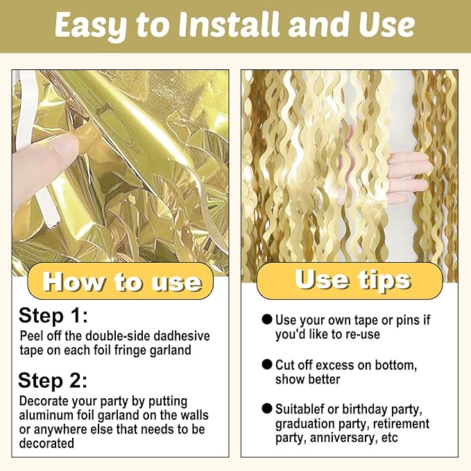 6 Pack 10 Feet Light Gold Wave Foil Fringe Garland Metallic Tinsel Streamers Banner Wall Hanging Curtain Backdrop for Parade Floats, Mother's Day, Easter, Wedding, Birthday Party Decoration