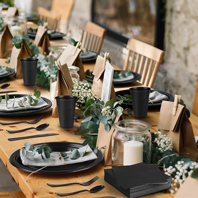 240 Pieces Black Plastic Dinnerware Set for 30 Guests Disposable Party Plates Napkins Cups and Silverware Dessert Dinner Plates for Birthday Wedding Halloween Party Supplies