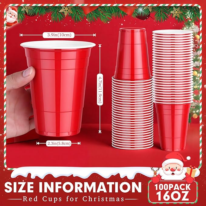 Dualshine 100 Pack Red Plastic Cups 16 oz, Disposable Cups for Party, Heavy Duty Drinking Cup, Graduation Shot Cup for Wedding Birthday Beer Taste Serving Snack Sample Tastings Barbecues and Christmas