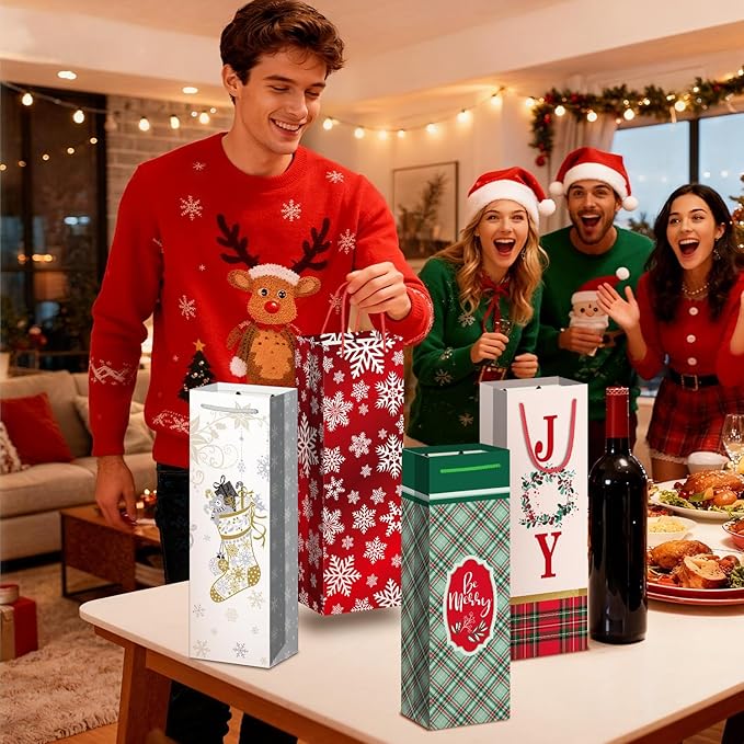 Xylitic 10Pack Christmas Wine Bags with Handles, 14” x 4.7” x 3.5” Christmas Wine Gift Bags for Xmas Holiday Winter and Drinkers Gift Party Favors Supplies.