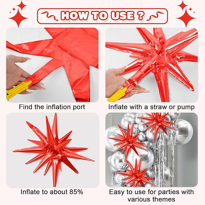 Red Silver Star Balloons Kit with 6pcs 22in Cone Foil Balloons and 10pcs 10in Four Pointed Star Balloons for Birthday New Year Christmas Anniversary Disco Party Decorations