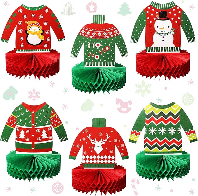 Christmas Ugly Sweater Party Decorations Honeycomb Centerpieces for Christmas Sweater Party 3D Table Topper Decorations Ugly Cutouts Merry Christmas Winter Holidays Supplies, 6 Styles