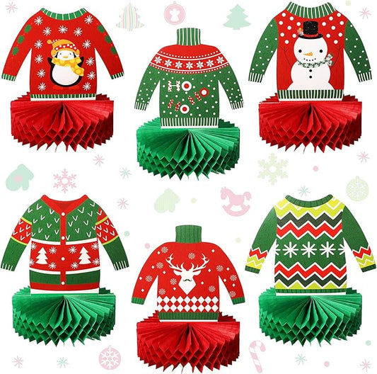 Christmas Ugly Sweater Party Decorations Honeycomb Centerpieces for Christmas Sweater Party 3D Table Topper Decorations Ugly Cutouts Merry Christmas Winter Holidays Supplies, 6 Styles