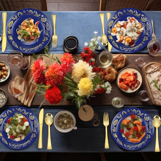 Shellwei 210 Pcs Thanksgiving Dinnerware Sets, Navy Blue Disposable Plates Includes Dinner Plates Cups Dessert Plate Paper Napkins Forks Knives Spoons Supplies for Thanksgiving Day