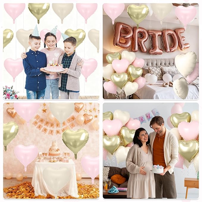 Baby Pink Gold Heart Balloons, 10 Pcs Light Gold Cream Heart Shaped Balloon, 18 Inch Light Pink Sand White Foil Balloons for Girls Women Brithday Bridal Baby Shower Wedding Valentines Party Decoration