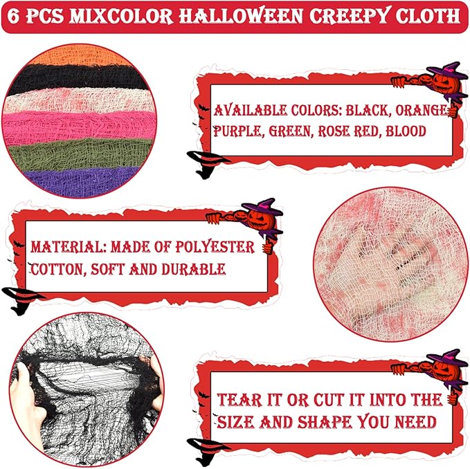 ZeeDix 6 Pack Halloween Creepy Cloth 30 x 75 Inch Halloween Decoration Spooky Scary Gauze Cloth for Party Supplies Outdoor Yard Home Doorways(6 Colors)