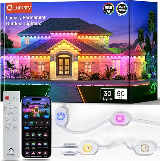 Lumary Smart Permanent Outdoor Lights 2 with Remote & Slide-Base, 50ft with 30 RGBAICW LEDs 1800lm for Daily & Accent Lighting, Work with Alexa Google, 110+ Scene for Halloween Christmas Decor, White