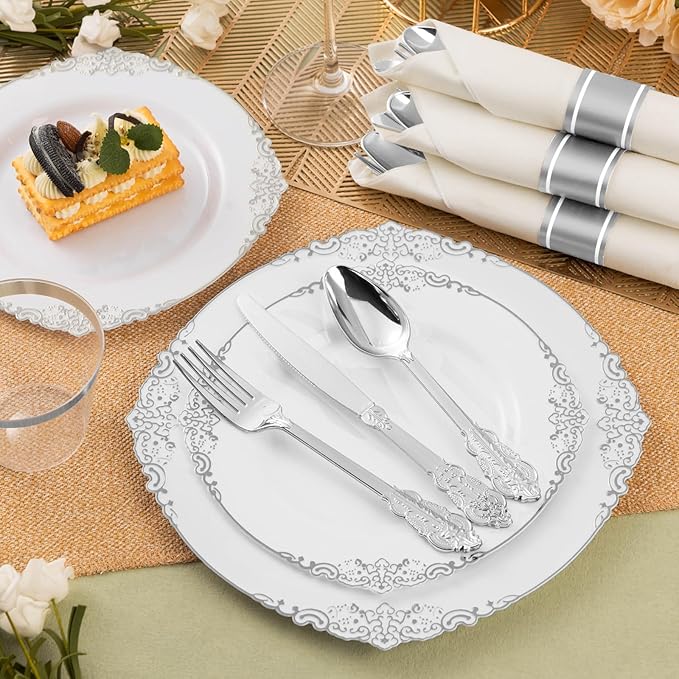 300PCS Silver Plastic Silverware for 100 Guests, Heavy Duty Silver Disposable Utensils Sets, Includes 100 Forks, 100 Spoons, 100 Knives, Elegant Cutlery Perfect for Wedding or Party