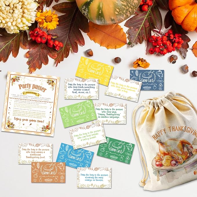 Thanksgiving Turkey Pass The Bag Game - 44 Fun Game Cards & 1 Turkey Canvas Bag - Thanksgiving Games for Friends Family, Holiday Gatherings - Fall Harvest Activity, Office & Home Party Supplies - A01