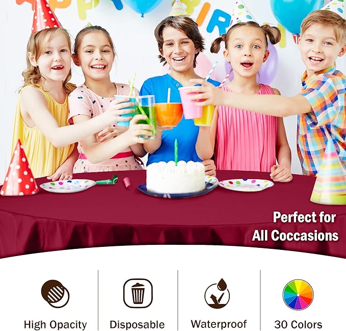 Party Solids 6-Pack Premium Plastic Tablecloth 84in. Round Plastic Table Cover - Burgundy