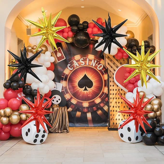 6PCS Star Balloons, 22Inch Red Black and Gold Star Balloon Foil Balloons Spike Cone Balloon for Birthday Anniversary Festival Film Casino New Year Party Decorations