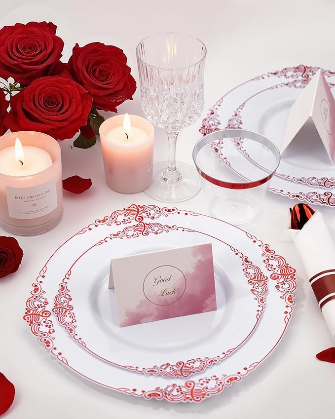 Nervure 175PCS Red Plastic Plates - White Red Plastic Dinnerware Sets for 25 Guests - 50 Red Disposable Plates, 25 Pre Rolled Cutlery Set, 25 Cups Perfect for Wedding, Party & Christmas