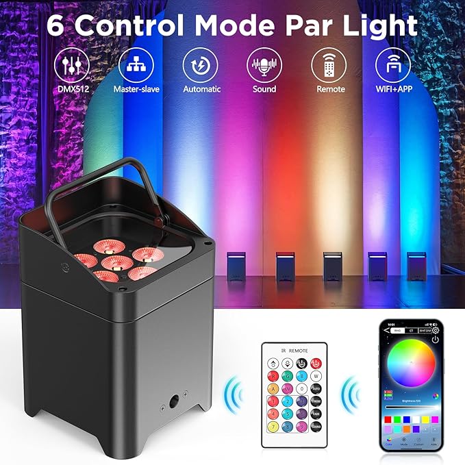 6Pcs Battery Powered Uplights Rechargeable Par Can 6x18W RGBWA+UV LED Uplight 9600 mAh APP/Remote/DMX512 Control Stage Lights Uplighting Indoor for Wedding DJ Church Christmas Dance