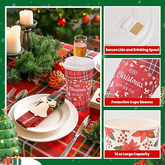 72 Set Christmas Disposable Coffee Cups with Lids and Sleeves Snowflake Reindeer Paper Drinking To Go Cups for Winter Holiday Christmas Party Coffee Bar Decor Business Supplies (Red)