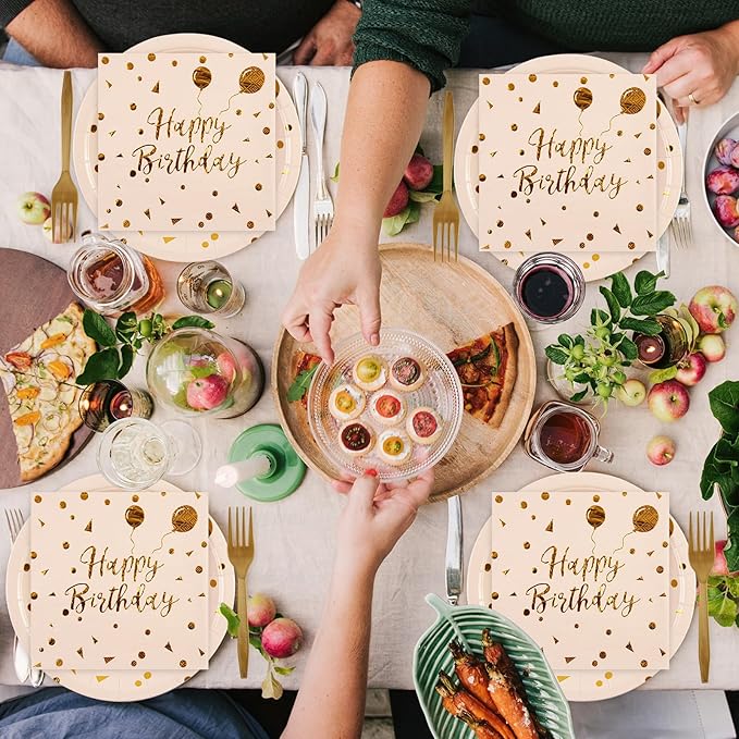 90PCS Happy Birthday Plates and Napkins Party Supplies, Disposable Pink Gold Dot Dessert Paper Plates Napkins with Forks Tableware Set Party Decorations for Girl Women Birthday Parties