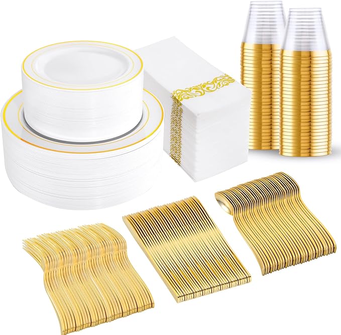 bUCLA 350PCS White and Gold Plastic Plates - Gold Disposable Dinnerware for Include 50 Dinner/Dessert Plates, 50 Forks, 50 Knives, 50 Spoons, 50 Cups & 50 Napkins for Party & Thanksgiving