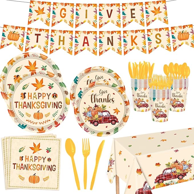Fall Plates and Napkins Party Supplies, 142pcs Thanksgiving Party Decorations Happy Fall Maple Leaves Tableware Set for Fall Harvest Thanksgiving Birthday Party Decorations