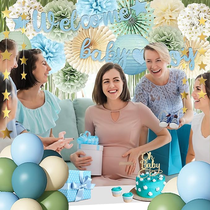 Dusty Blue Sage Green Baby Shower Decorations -Welcome Baby Boy Banner, Retro Sea-blue Green Balloons, 'Oh Baby' Cake Topper, Pom Poms Flowers Paper Fan For Birthday Jungle Boho Blue-Party Décor