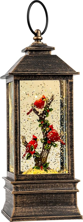 10'' Lighted Cardinal Music Snow Globe Water Lantern with Swirling Glitter Decoration for Christmas Home, Living Room, Battery Operated or USB Powered