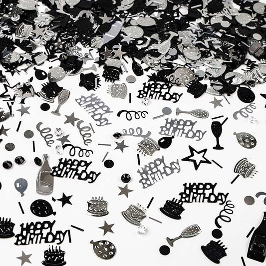 VHUWE Happy Birthday Confetti, 1.6 oz Black Silver Cake Balloon Star Goblet Bottle Confetti for Happy Birthday Party Decorations Boys Girls Kids Women Men Birthday Table Decorations | Black Silver