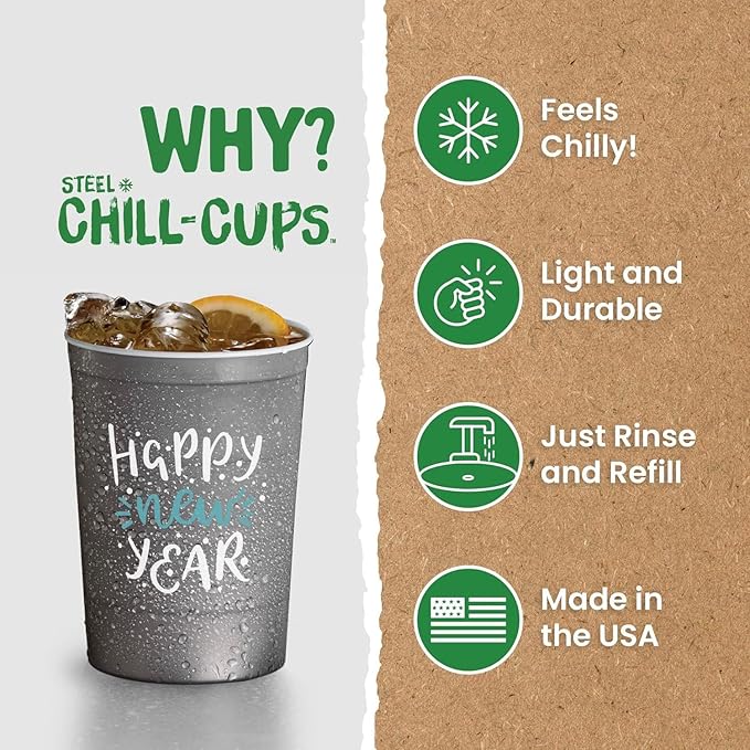 16 oz. Party Cups 'Happy New Year' Champagne Design for Cold Drinks, Durable, Disposable, Recyclable, Made in USA, Gray, 12 Count