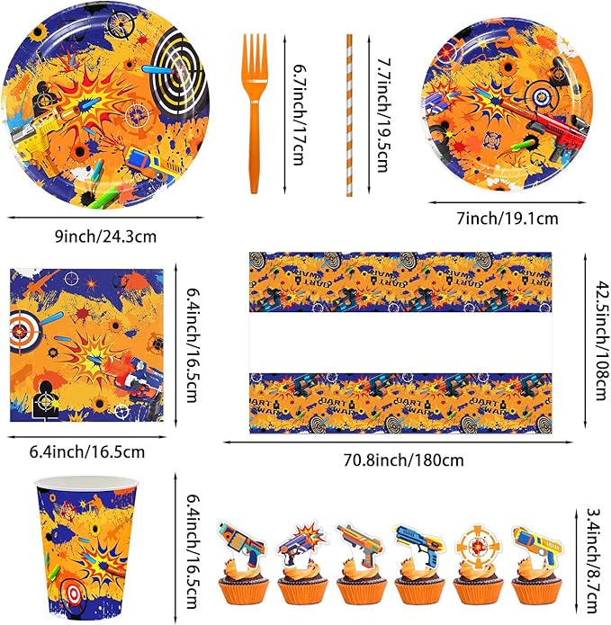 188PCS Dart War Party Supplies Birthday Decorations Dart Battle Disposable Plates Napkins Set, Banner, Hanging Swirls, Tablecloth, Cake Topper, Balloon, Honeycomb Centerpieces Table Decorations