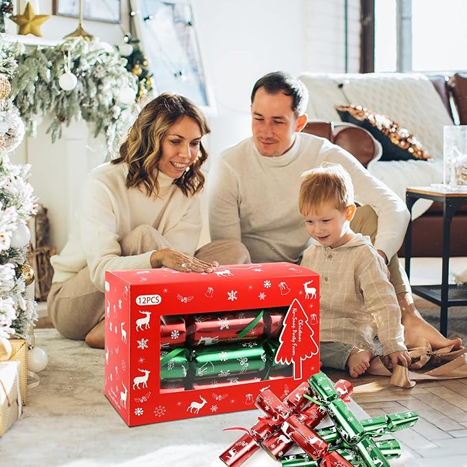 12 Pack Christmas No-snap Party Table Favors, Christmas themed Holiday Supplies with Party Hat, Joke & Little Gift Inside for Kids Adults Xmas Gift