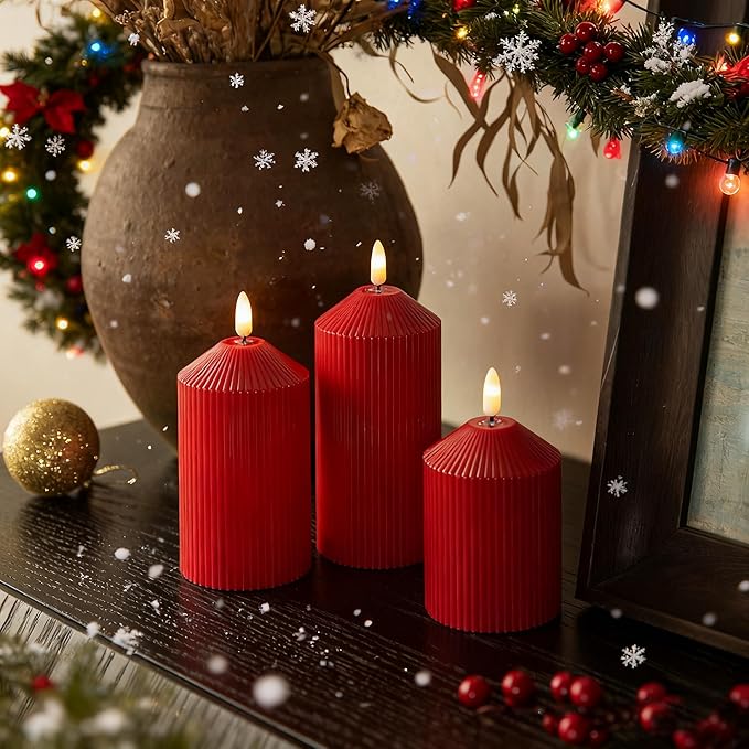 Flameless Candles with Remote, Battery Operated Candles Real Wax LED Fake Pillar Candles with Timer Flickering Flame for Wedding Home Party, Set of 3 Red