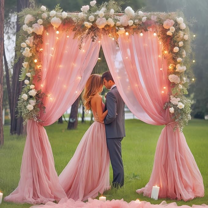 10ft x 8ft Dusty Rose Backdrop Curtain with Lights String for Parties, Sheer Tulle Wedding Photo Backdrops Drapes for Baby Shower Birthday Party Decorations Background for Photography