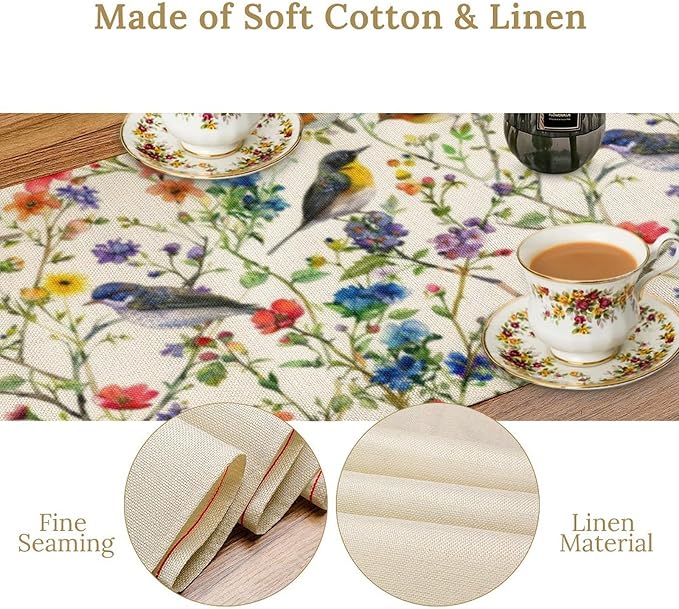 Spring Bird Floral Table Runner,Summer Birds Table Runner Burlap Table Decoration for Seasonal Home Kitchen Dining Dinner Indoor Holiday Farmhouse Decor 13x120 Inch