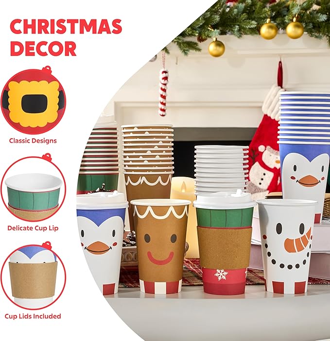 JOYIN 24 PCS Merry Christmas Disposable Paper Cups with Sleeves and Lids, 6 Designs Xmas Drinkware 16 oz, Snowflake Santa Elk Cups for Hot Coffee Cold Beverage Holiday Tableware Supplies Favors