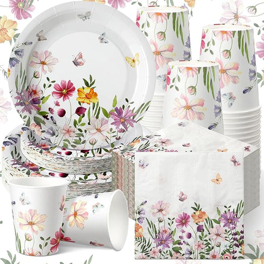 Hsei 250 Pcs Spring Wildflower Party Decoration Baby Shower Disposable Tableware Sets Birthday Supplies Serves 50 Guests Disposable Plates Napkins and Cups for Baby Bridal Shower Birthday Party