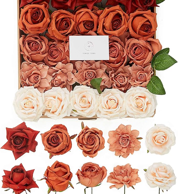 TINGE TIME Artificial Flowers, 25pcs Real Looking Gradient Fall Orange Rose Fake Roses w/Stem for DIY Wedding Bouquets Centerpieces Arrangements Party Baby Shower Home Decorations
